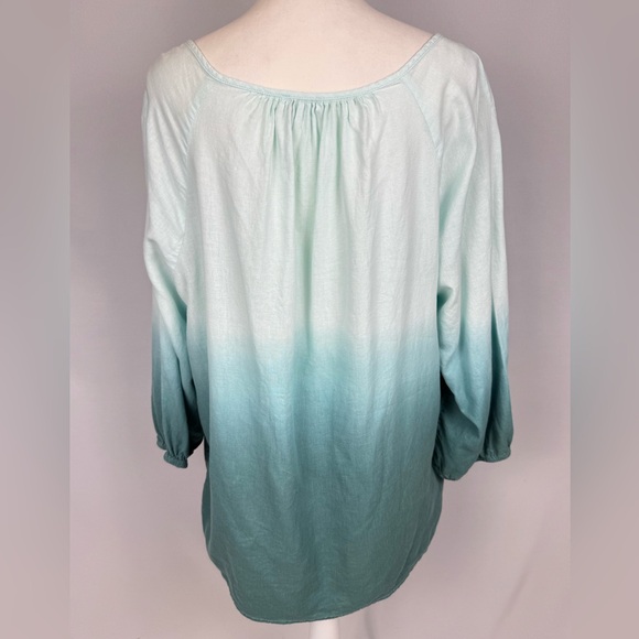 J. Jill Pure Jill Dip Dyed Peasant Style Blouse Linen Blend Ombré Teal 2X Beachy - Picture 6 of 8